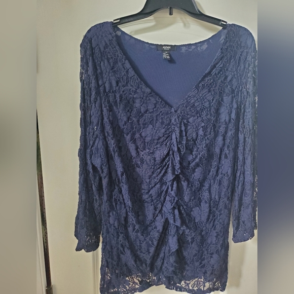 Alfani Womens Textured Stripes Embellished Neck Top Beige Size Petite X Large main image 1